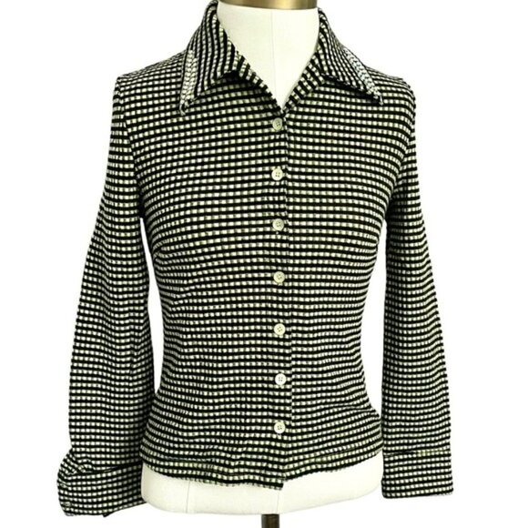 Vintage 90s Green Black Gingham Check Long Sleeve Knit Button Shirt Top - S - Picture 3 of 9
